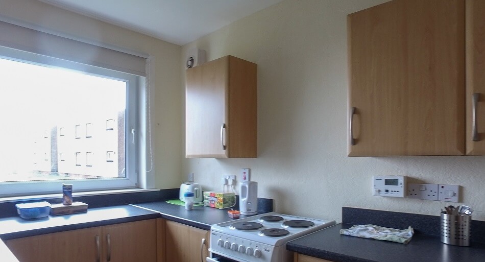 Communal kitchen in Buchanan Court, showing food prep area