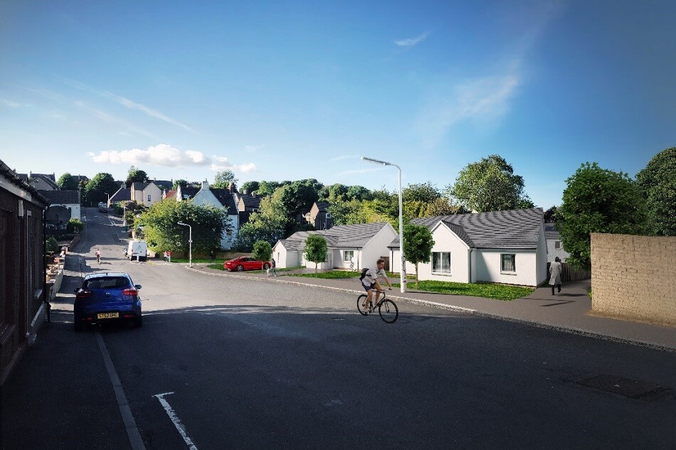 Street view of houses at Valley House, with cyclist in foreground