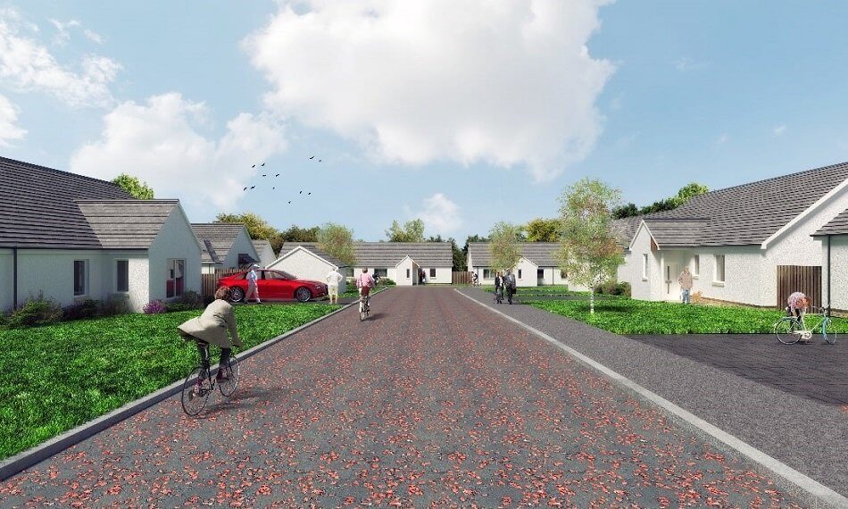 Artist's impression of the housing scheme at Jenny Gray House, with quiet residential road and cyclists on the road.