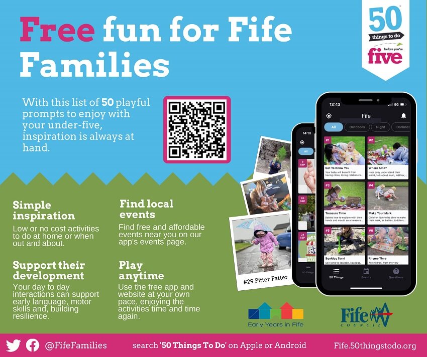 50 Things to Do flyer, with image of mobile phone and QR code, to take you to the 50 Things to Do website (as above).
