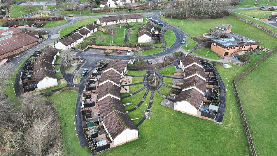 Aerial view of the Balfour Court complex bungalows and the way their individual pathways meet in the middle