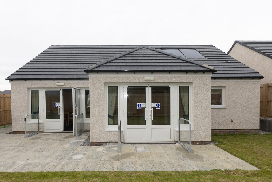 External view of Lathalmond Square entrance with patio area