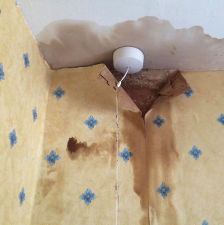 Wallpaper peeling off the walls with light fixture hanging close by, due to penetrating damp