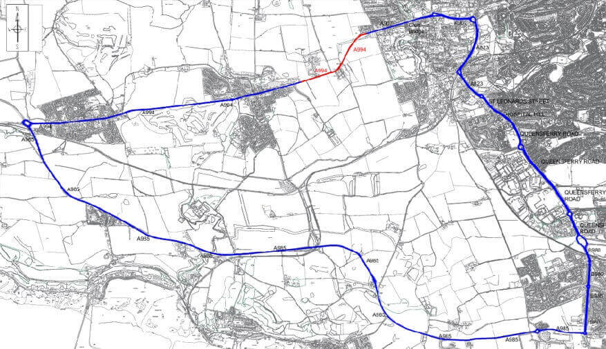 Map showing the A994 road closure and signed diversion route between Dunfermline and Limekilns
