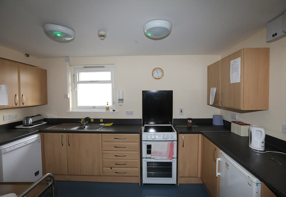 Communal kitchen area at Park Road, with cooker and kitchen worktop space