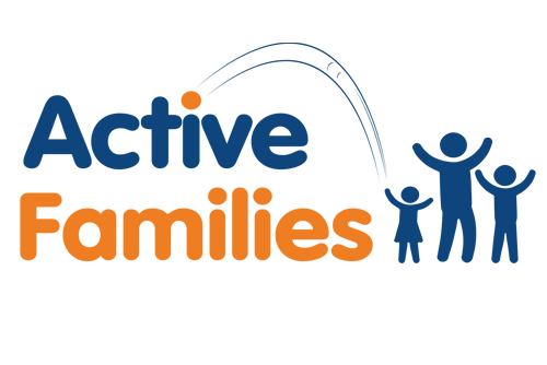 The Active Families logo with the words in blue and orange, and blue figures of adults and children with raised arms beside it