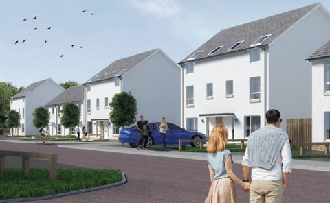 Artist's impression of people walking along a street in a housing scheme. The houses have grey roofs and white exterior.