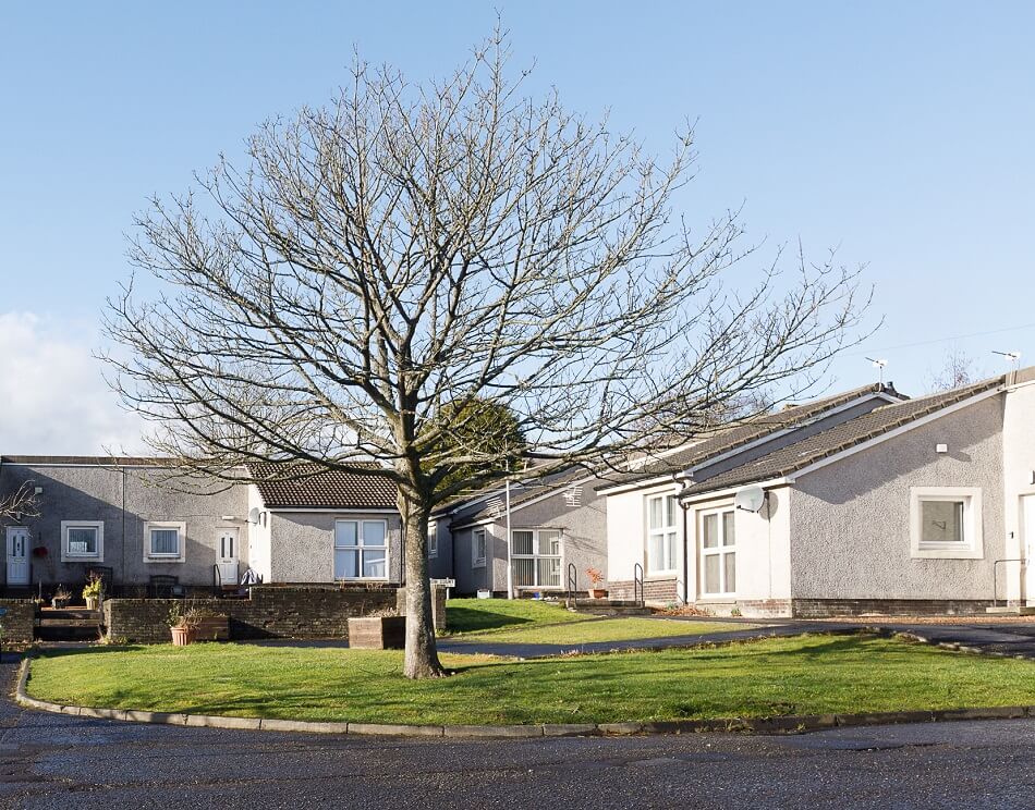Exterior of Moir Court individual bungalows, with shared garden space to the front