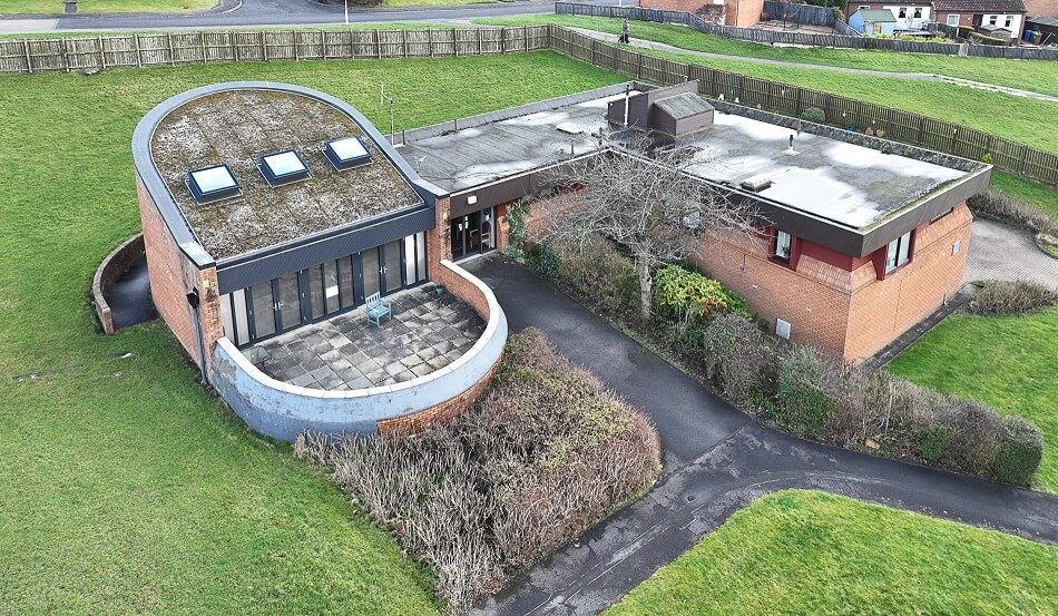 Aerial view of the main Balfour Court complex, showing the whole building from above, from side angle