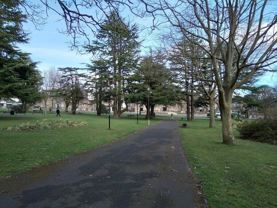 Park with a central paved path, trees on both sides, benches, and buildings visible in the background under a partly cloudy sky
