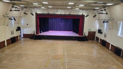 View of main hall corn exchange with court marking and stage