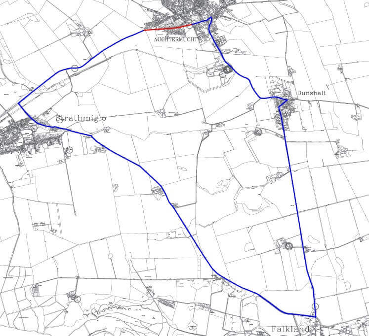 Map showing diversion route for Low Road Map showing the diversion route for the A91 Low Road closure near Auchtermuchty, marked in blue.