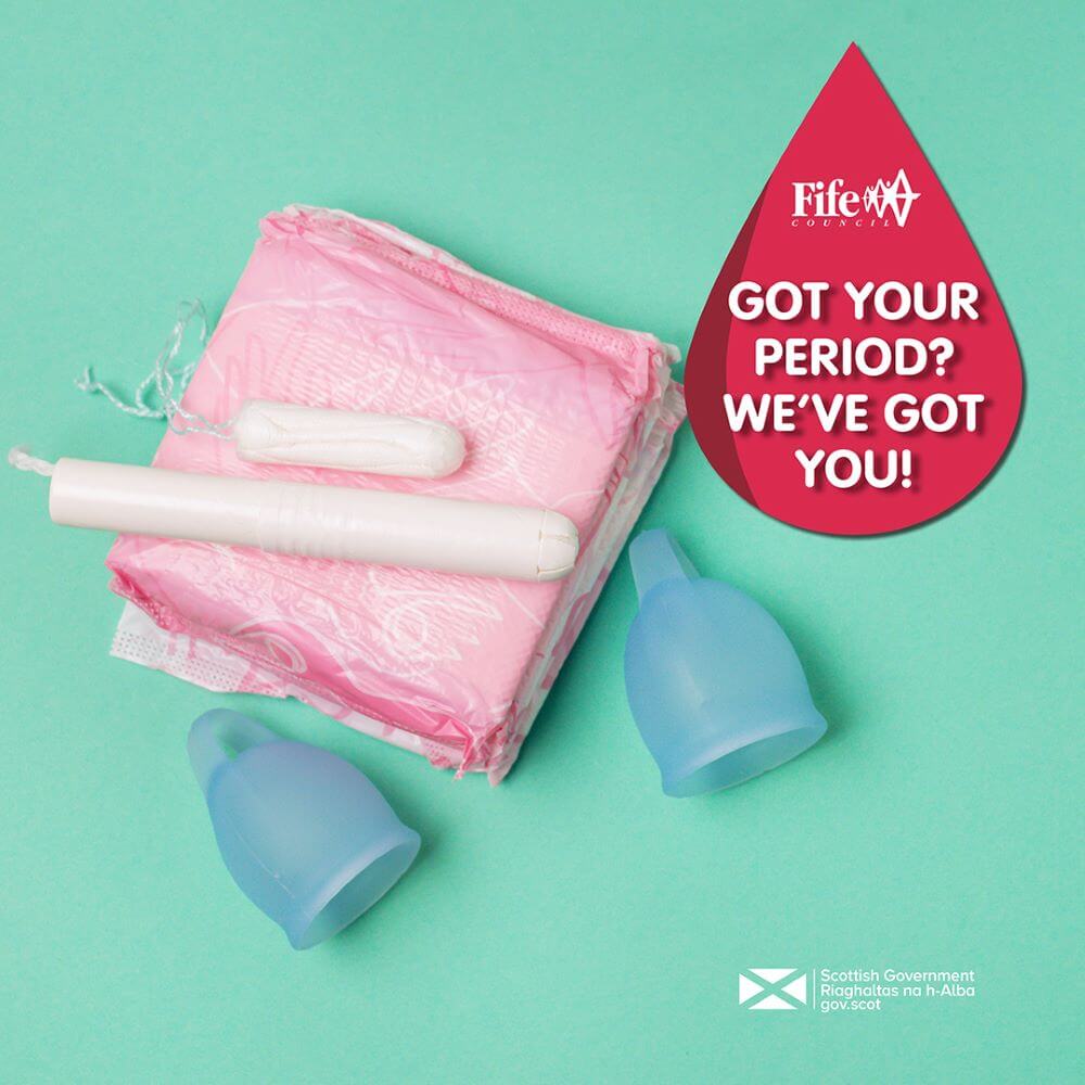Period products with the text: Got your Period? We've got you! - Fife Council expands access to free period products through new partnership with OnFife