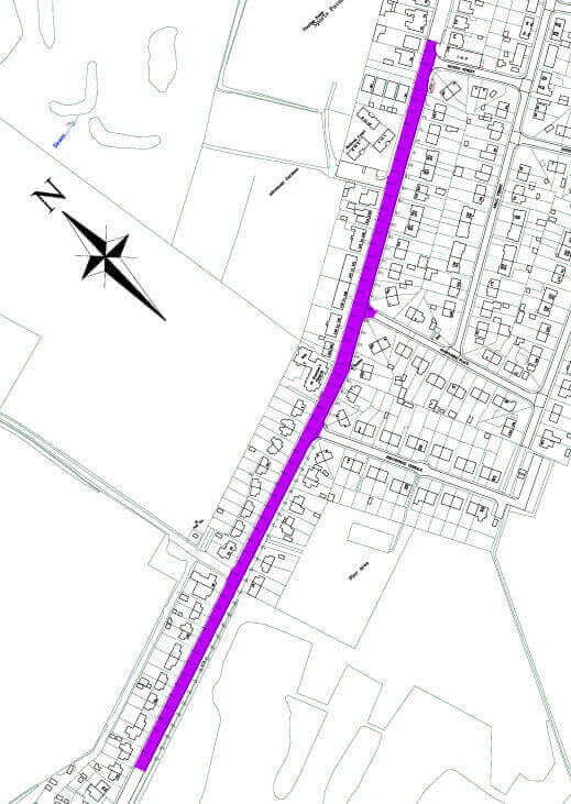 Map showing the section of Lumphinnans Road affected by roadworks, highlighted in purple.