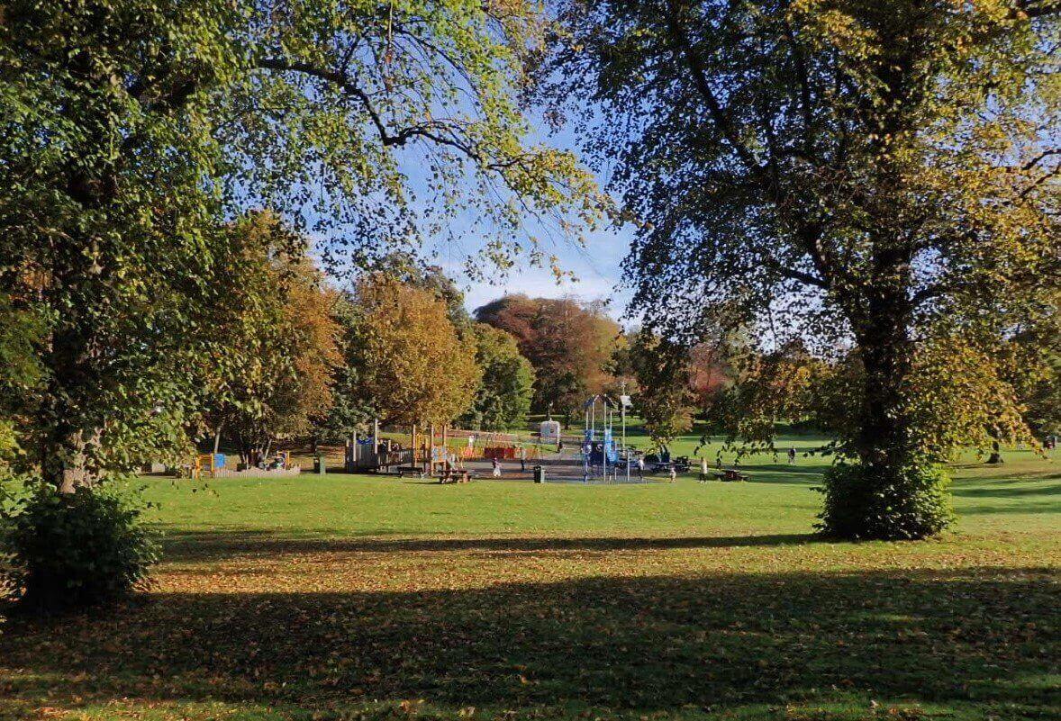 Looking through the autumn trees towards the play park