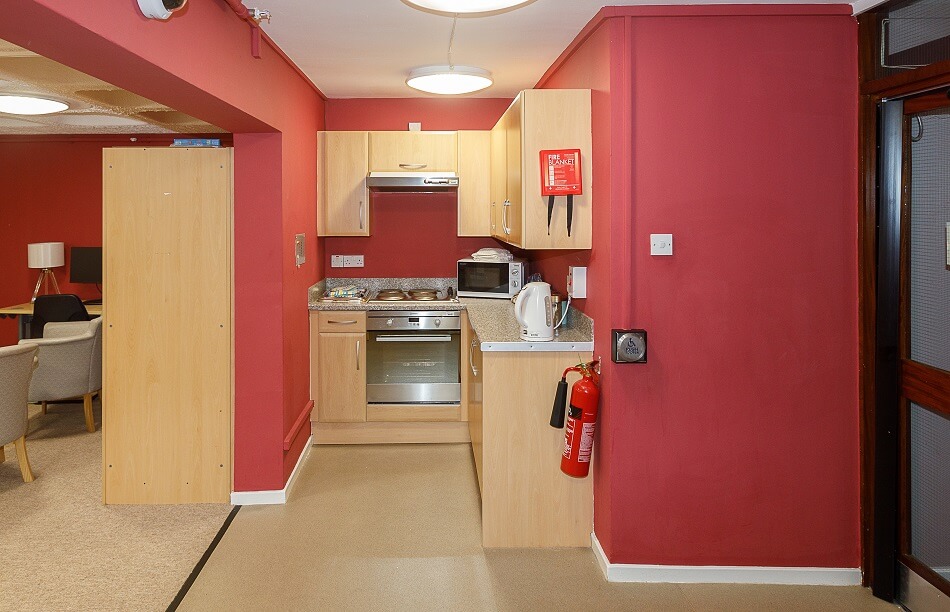 Communal kitchen at Allan Court, leading from the lounge
