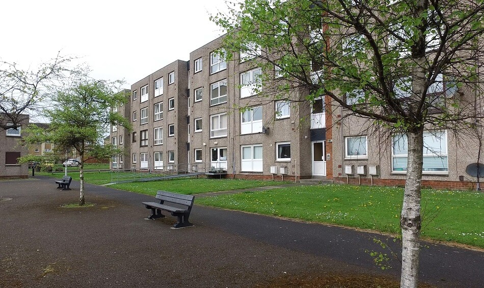 Outdoor benches and seating area at Buchanan Court