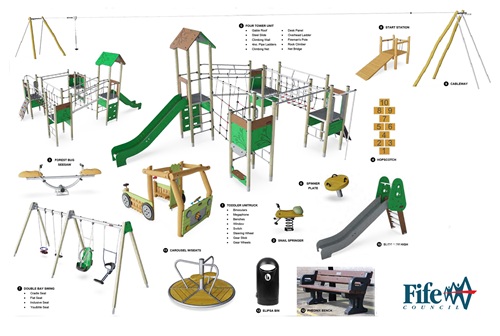 Image of the different pieces of play equipment that will be included in the revamped Star of Markinch play area
