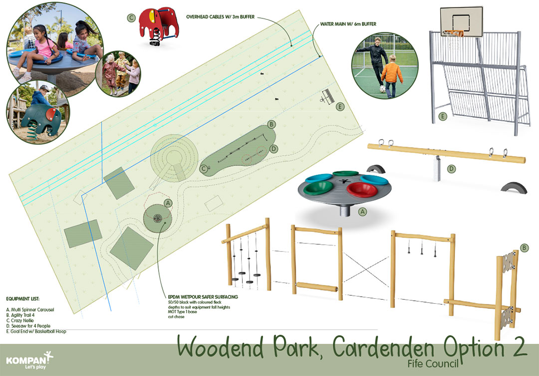 drawings of play equipment and images of children playing