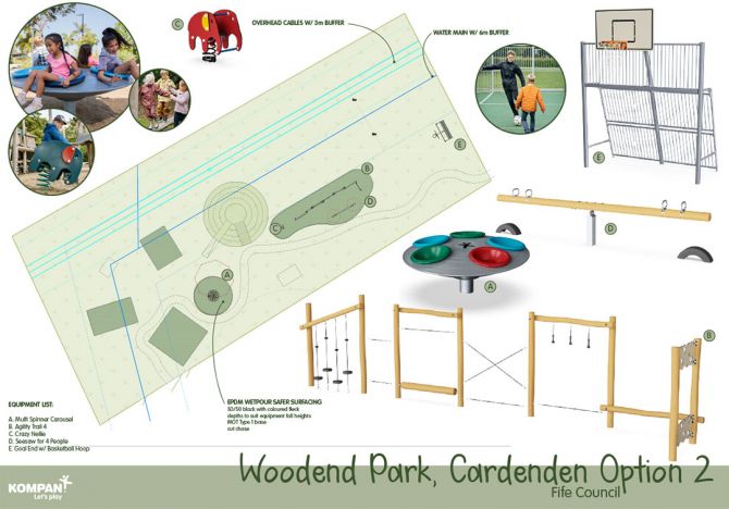 drawings of play equipment and images of children playing