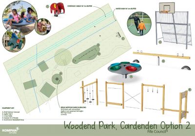 drawings of play equipment and images of children playing