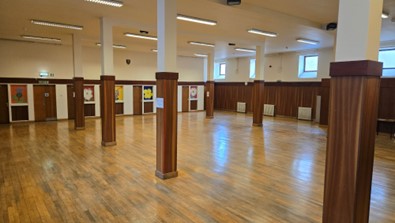 Small Hall Corn Exchange showing empty hall with pillars.