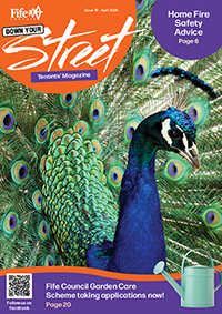 Cover of “Down Your Street,” Fife Council’s tenants’ magazine, featuring a peacock with blue and green feathers spread out. Text highlights home fire safety advice and applications for the Fife Council Garden Care Scheme.