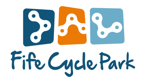Fife Cycle Park logo with three coloured blocks showing stylised white bike chain links, and the name written below in a handwritten-style font