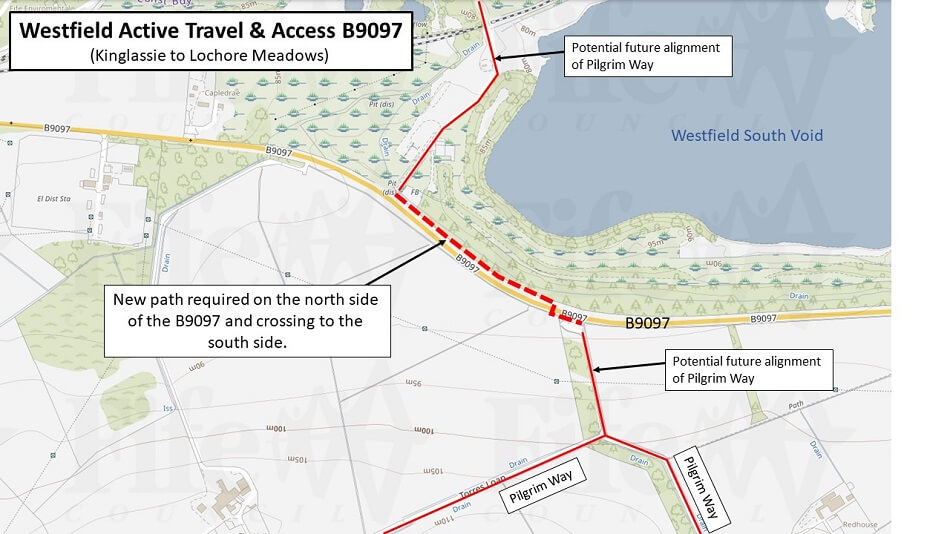 Map showing the proposed path along the B9097 and how it will join Kinglassie and Lochore Meadows together, in a safe active travel corridor.