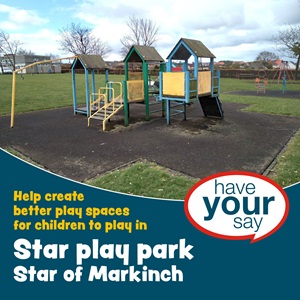 Image of yellow, blue and green climbing frame with a chute and stairs. It's sitting on tarmac, surrounded by grass