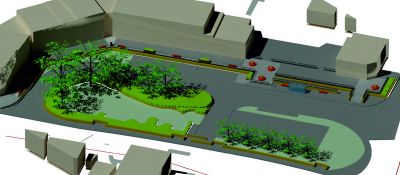 Graphic of planned upgrade showing seating areas, railings , ramps and landscaping around the shopping centre
