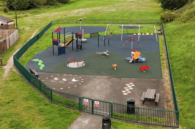 Arial view of play equipment in park 