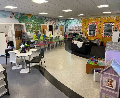 A brightly coloured playroom with mural-painted walls, small tables and chairs, a black sofa, art supplies, toys, and a playhouse. The space is organized and inviting, designed for creative and educational activities.