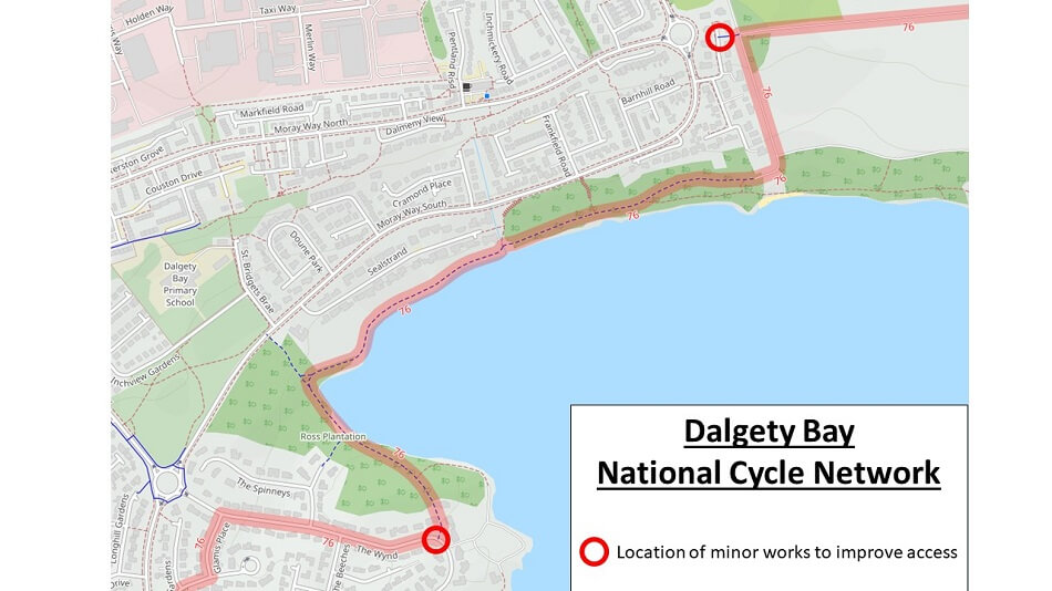 Red line stretching along the coastline to indicate Dalgety Bay's National Cycle Network