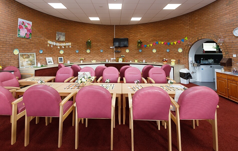 Communal dining area at Balfour Court, decked out with Easter decorations and bunting