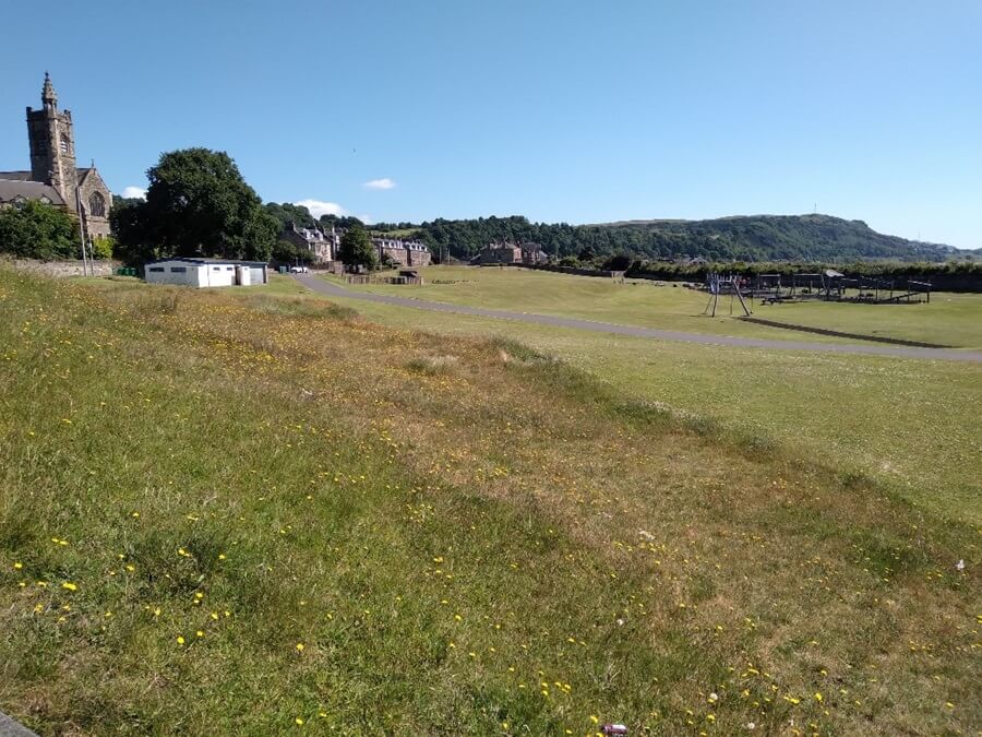 Photo taken from a side view of of the park, showing grass areas and path
