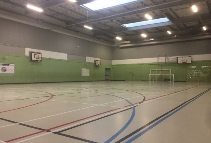 Games hall with court markings, 5-a-side goals and basket ball hoops