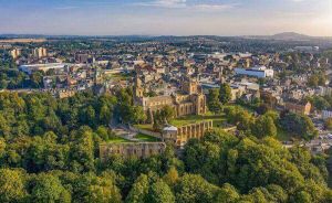 Aerial view of Dunfermline looking north over the abbey