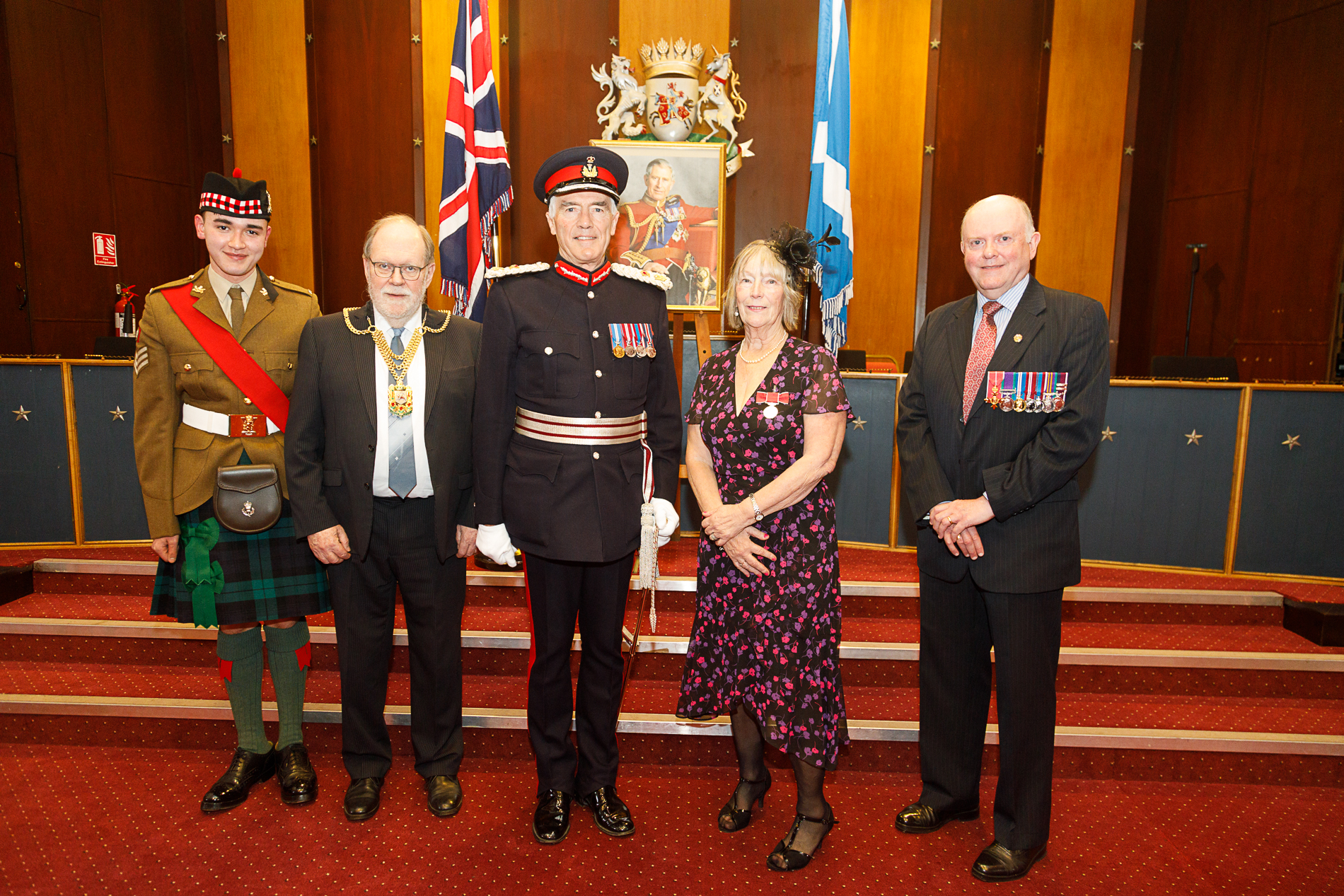Lord-Lieutenant Cadet Sky Challis, Depute Provost Dave Dempsey, Lord-Lieutenant Robert Balfour, Christine Evans BEM and Honours Deputy Lieutenant Jim Leggat OBE.