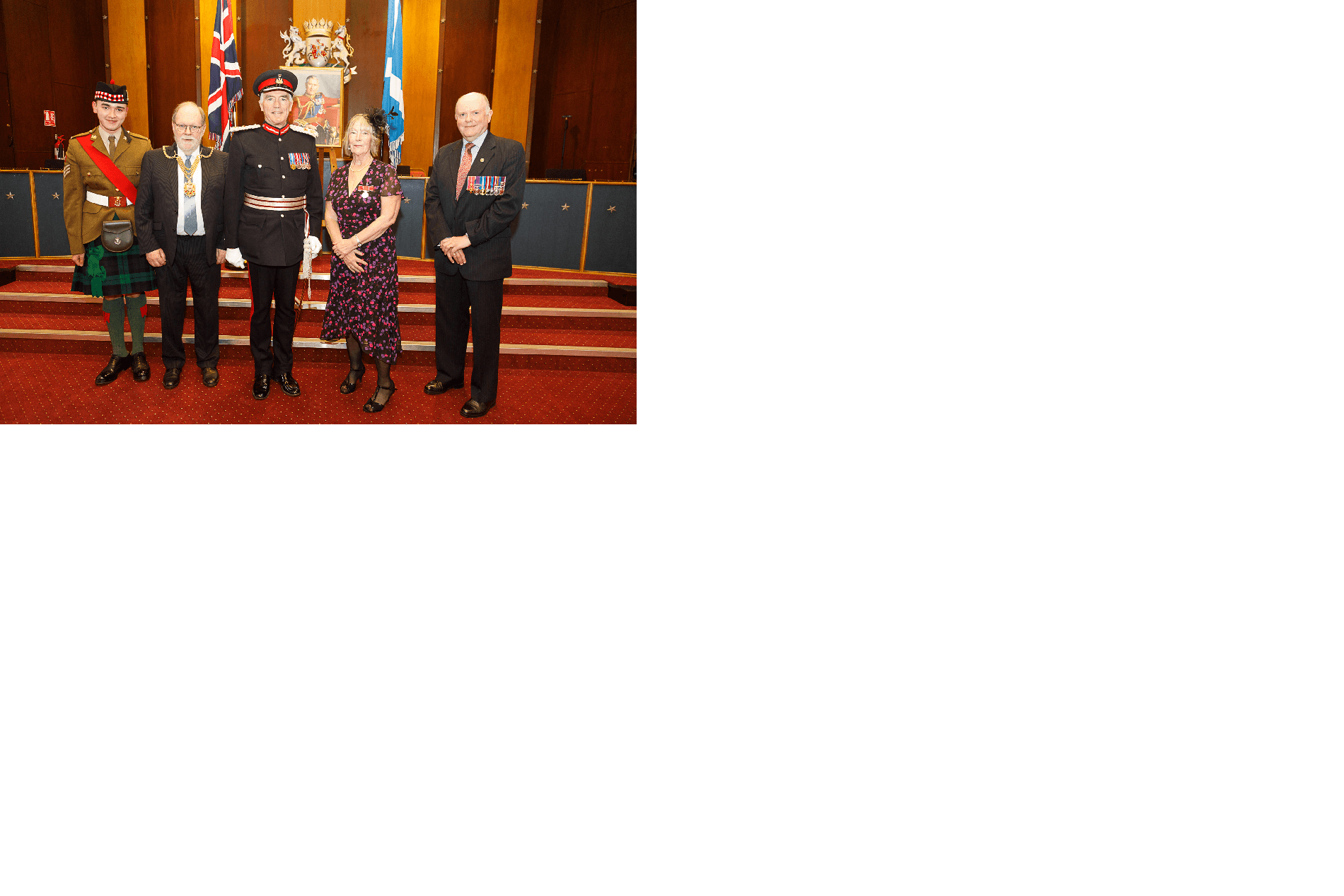 Lord-Lieutenant Cadet Sky Challis, Depute Provost Dave Dempsey, Lord-Lieutenant Robert Balfour, Christine Evans BEM and Honours Deputy Lieutenant Jim Leggat OBE.