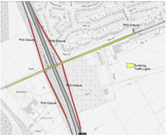 map showing location of roadworks on Cocklaw Street, Kelty