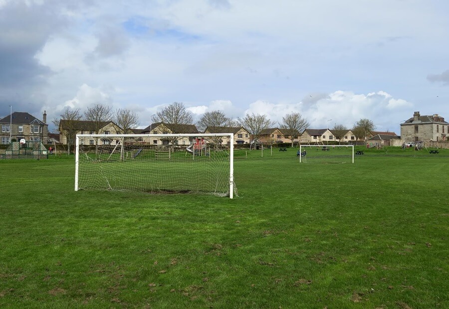 Bankie Park football pitch showing football goals and surrounding grass area