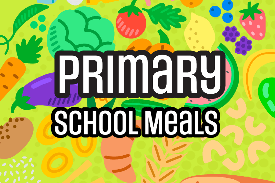 Text 'PRIMARY SCHOOL MEALS' surrounded by colorful fruits and vegetables on a bright background.