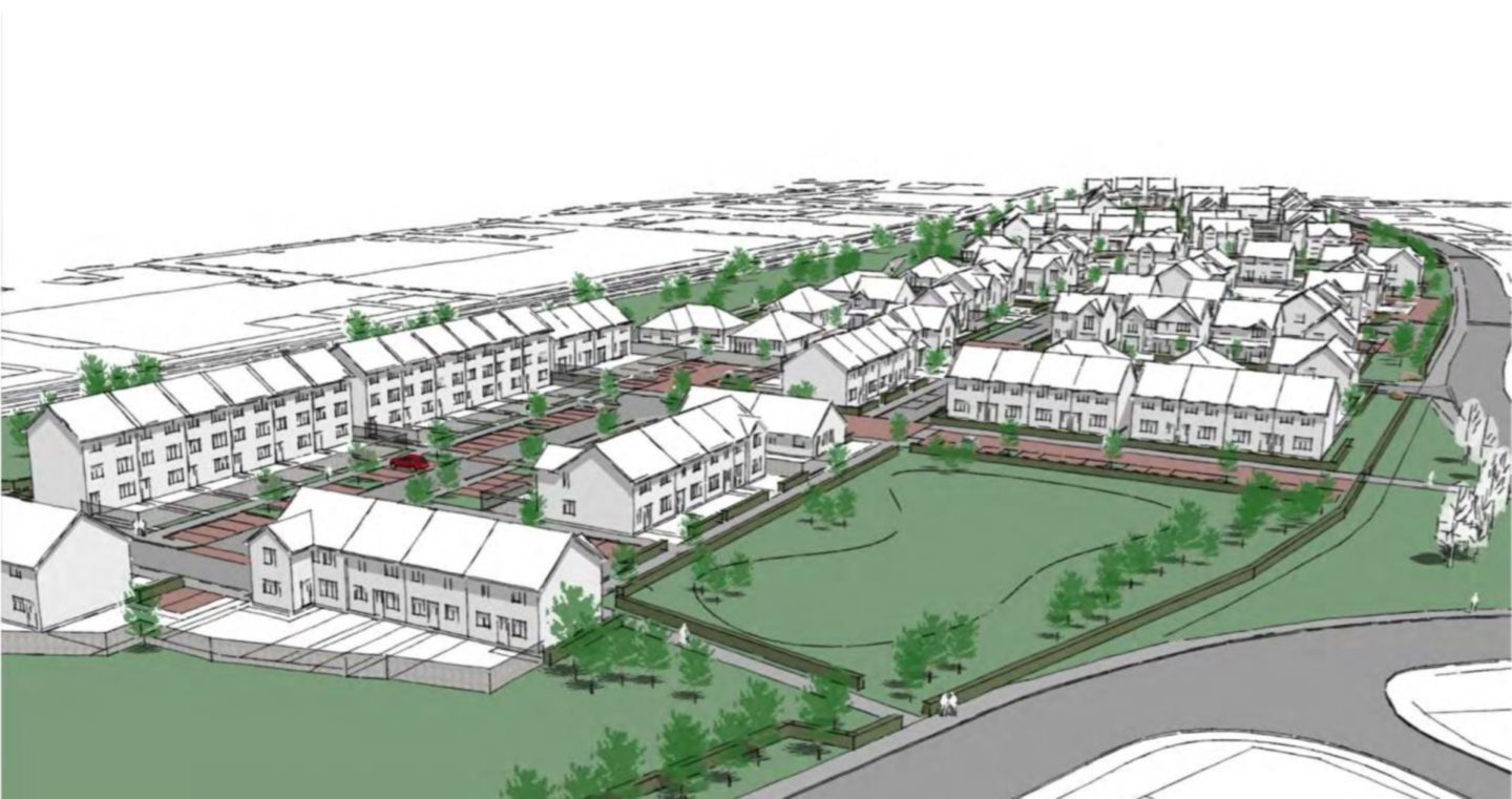 An artist's impression of a site plan showing rows of new houses, green open spaces, footpaths, and roads arranged in a modern residential development.