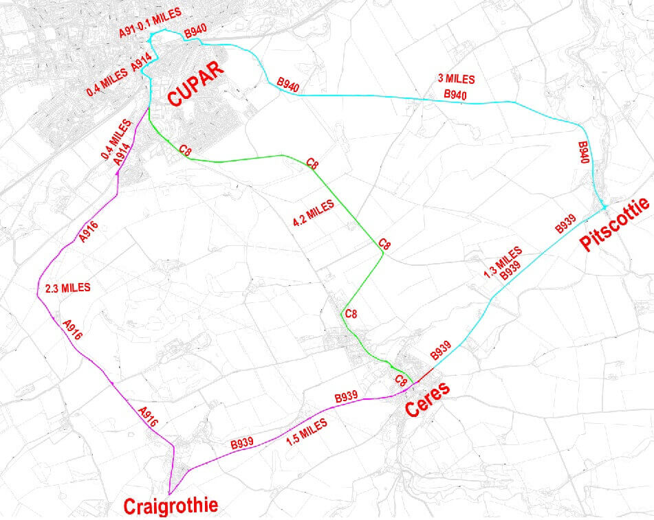 St Andrews Road Ceres diversion routes via Cupar, Craigrothie and Pitscottie