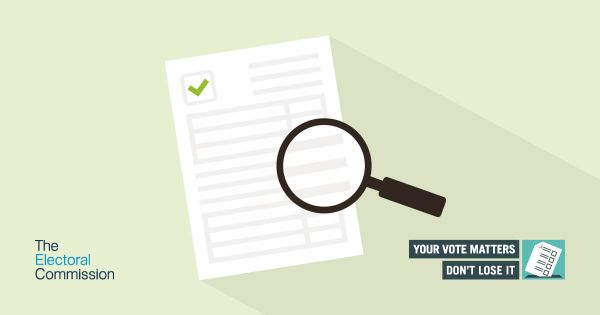 Illustration of an electoral registration form with a magnifying glass, highlighting the importance of following annual canvass instructions to ensure voting details are correct.