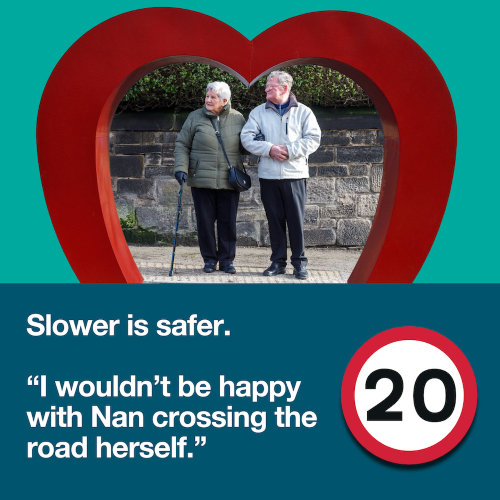 Slow down, save lives Nan and Pete McQueen trying to cross the road