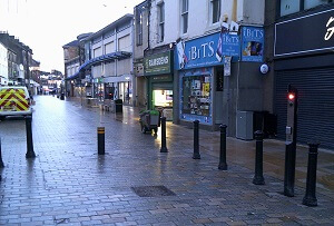 Street view, along the high street of the new bollards now in operation