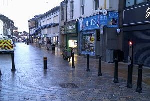 Street view, along the high street of the new bollards now in operation