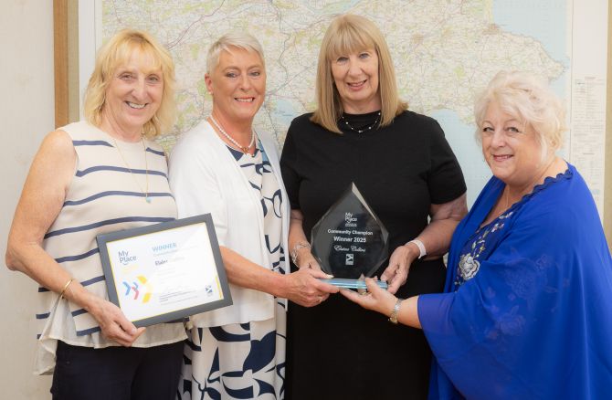  Patricia Galfskiy, Fife Council Policy Officer, Cllr Rosemary Liewald, Elaine Collins, Community Champion winner and Cllr Linda Erskine, Spokesperson for Communities.